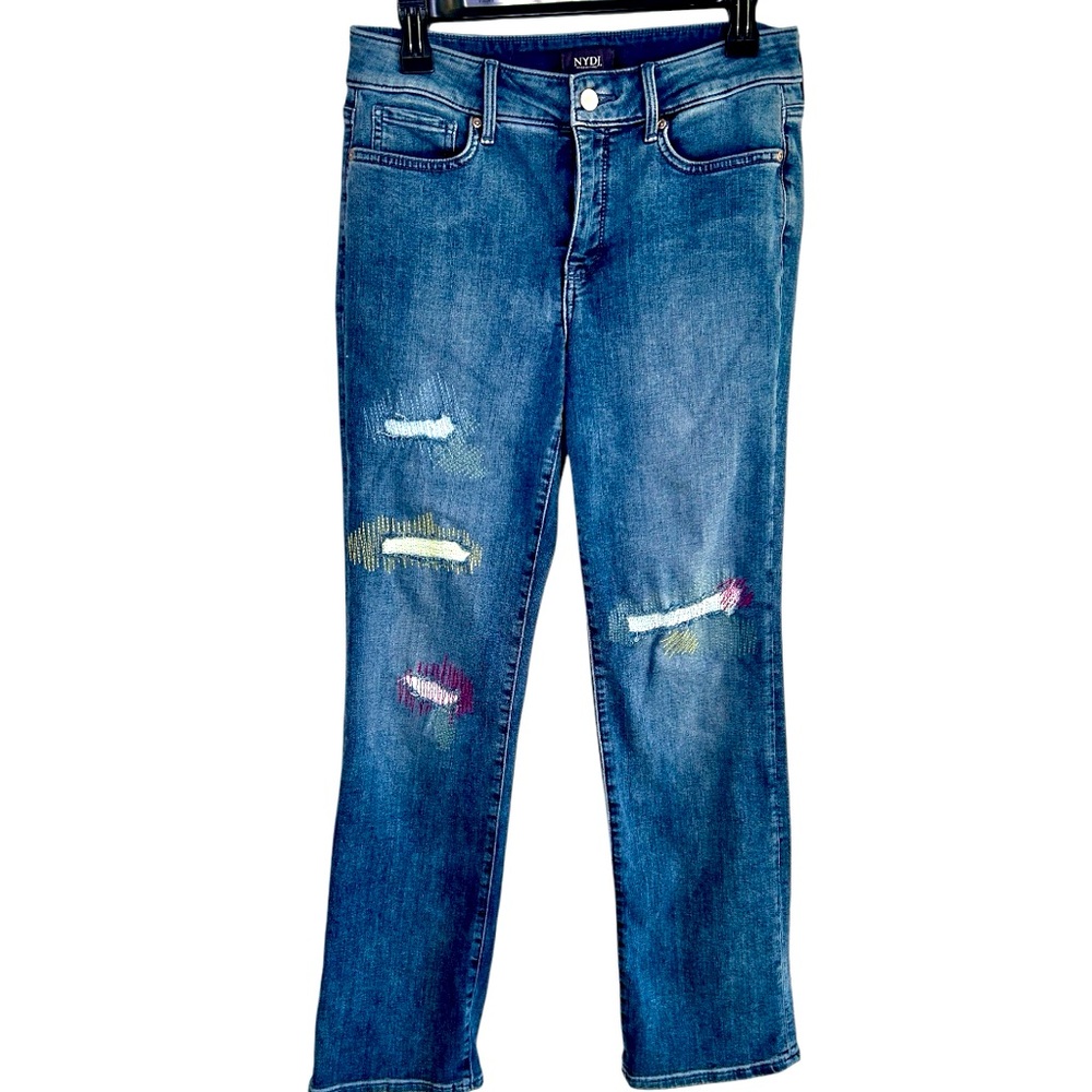 NYDJ Marilyn Distressed Jeans with Colourful Stitching. Size 6.